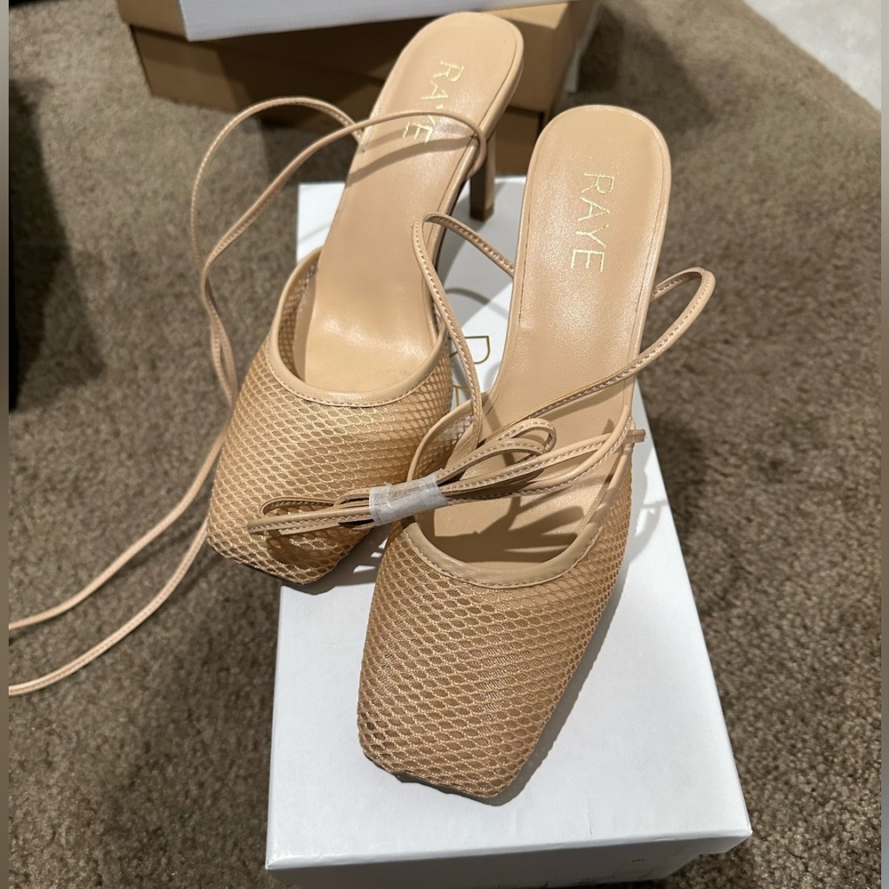 RAYE Beige Strappy Mesh Heels